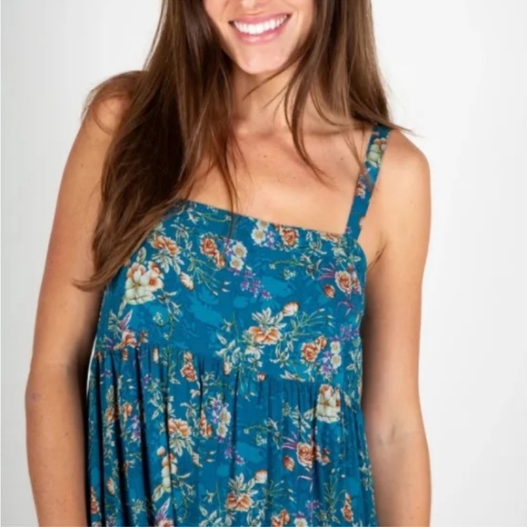 Natural Life | Patti Side Slit Maxi Dress Blue Turquoise Cream Roses New Medium - Picture 6 of 14